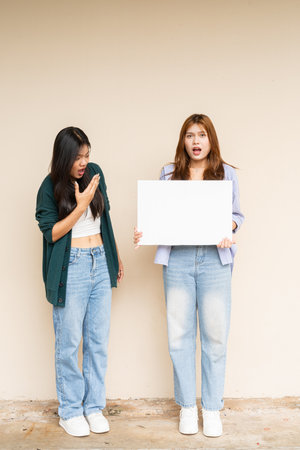Full length shot of two young Asian woman against plain wallの写真素材