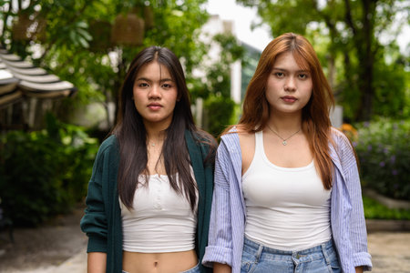 Two young woman together in park during summer