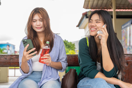 Portrait of two young Asian woman at train station together
