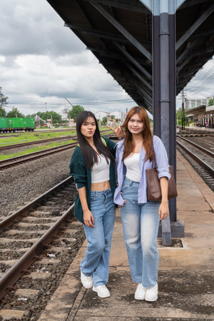 Portrait of two young Asian woman at train station togetherの写真素材