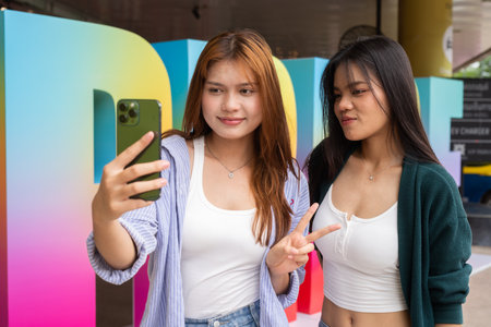 Two young Asian woman celebrating LGTB rights during pride in city outdoorsの写真素材
