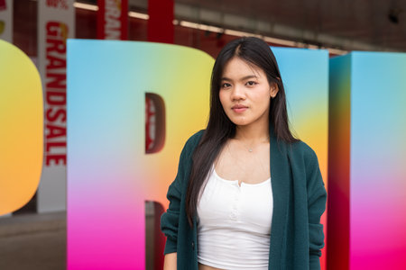 Empowering LGTB pride portrait of young woman outdoorsの写真素材