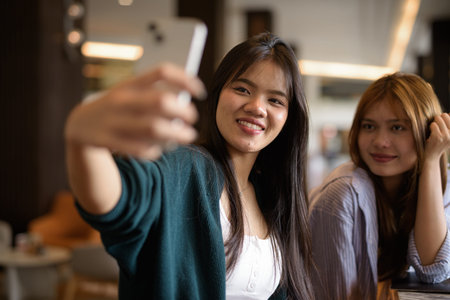 Two young Asian woman sitting together in cafe restaurant
