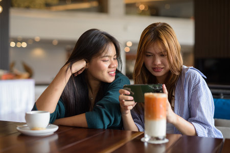 Two young Asian woman sitting together in cafe restaurantの写真素材