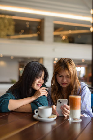Two young Asian woman sitting together in cafe restaurantの写真素材