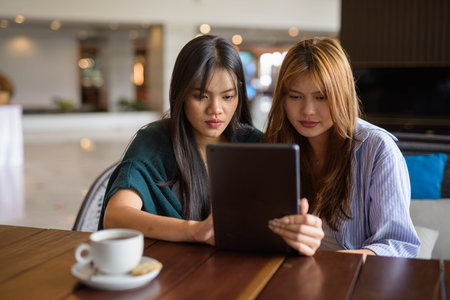 Two young Asian woman sitting together in cafe restaurant