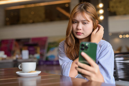Portrait of beautiful young Asian woman in cafe restaurant using phone