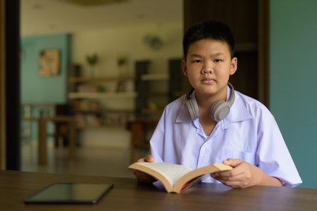 Thai Student in School Uniform Studying in Library Reading Bookの写真素材