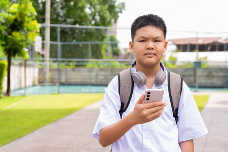 Asian Schoolboy Relaxing in Park After Classの写真素材
