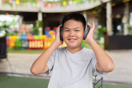 Teenage boy listening music with headphones outdoorsの写真素材
