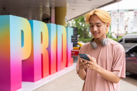 Young Asian gay man using phone during pride festivalの写真素材