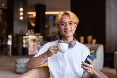 Handsome young Asian teenager man with blonde hair inside cafe restaurantの写真素材