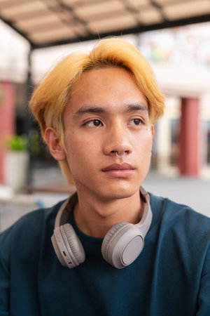 Face of young handsome Asian teenager man with blonde hairの写真素材