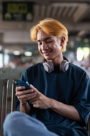 Young Asian teenage tourist man in bus station using smartphone