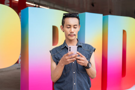 Portrait of confident non binary Asian gay man during pride outdoorsの写真素材