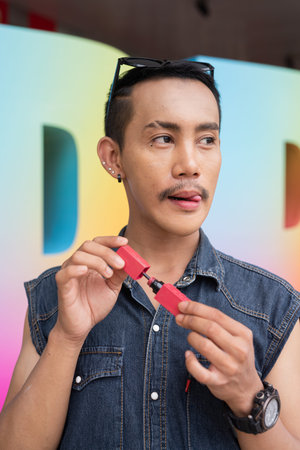 Portrait of confident non binary Asian gay man during pride outdoorsの写真素材