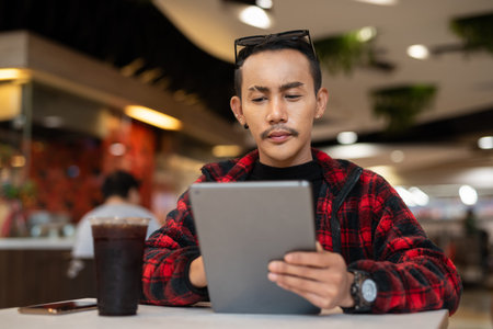 Portrait of nonbinary genderfluid young Asian gay man sitting and using tablet computer