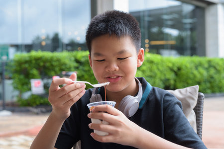 Thai boy eating vanilla soft serve ice cream with chocolate syrup outdoorsの写真素材