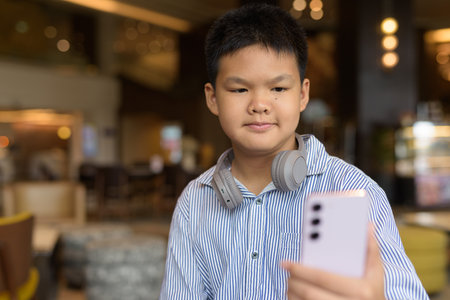 Handsome Thai boy using phone at cafe with headphonesの写真素材