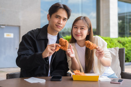 Young Asian couple eating fried chicken outdoorsの写真素材