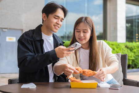 Young Asian couple eating fried chicken outdoorsの写真素材