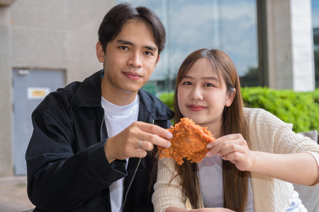 Young Asian couple eating fried chicken outdoorsの写真素材