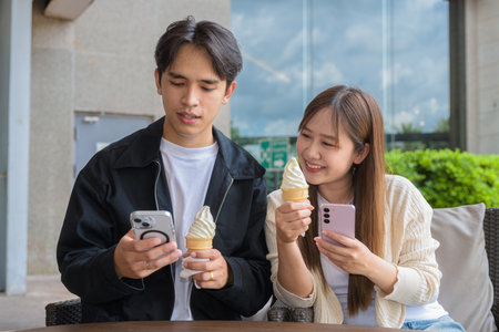 Couple holding and eating ice cream outdoors during summer outdoorsの写真素材