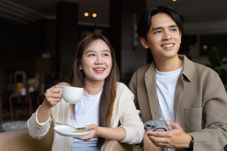 Young happy couple drinking coffee in cafe restaurantの写真素材