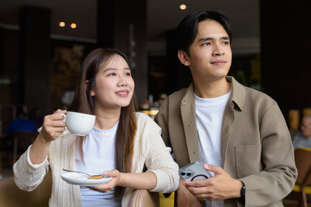 Young happy couple drinking coffee in cafe restaurantの写真素材