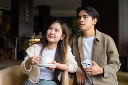 Young happy couple drinking coffee in cafe restaurantの写真素材