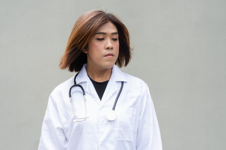Portrait of Asian transgender non binary doctor with stethoscope. Diversity in healthcare.の写真素材