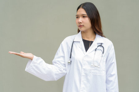 Young Asian woman doctor wearing white lab coat and stethoscope against plain backgroundの写真素材