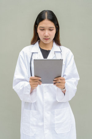 Young Asian woman doctor wearing white lab coat and stethoscope against plain background