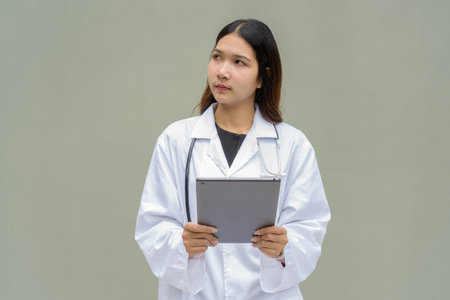 Young Asian woman doctor wearing white lab coat and stethoscope against plain background