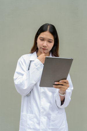 Young Asian woman doctor wearing white lab coat and stethoscope against plain backgroundの写真素材