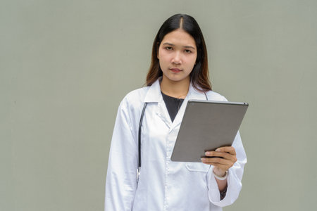 Young Asian woman doctor wearing white lab coat and stethoscope against plain backgroundの写真素材