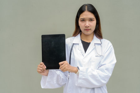 Young Asian woman doctor wearing white lab coat and stethoscope against plain backgroundの写真素材