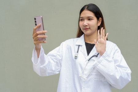 Young Asian woman doctor wearing white lab coat and stethoscope against plain backgroundの写真素材