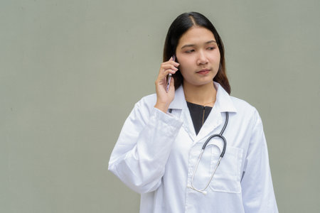 Young Asian woman doctor wearing white lab coat and stethoscope against plain backgroundの写真素材
