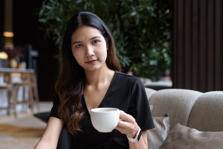 Young Asian businesswoman sitting in coffee shop wearing stylish black dress drinking coffeeの写真素材