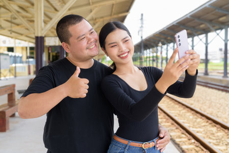 Young Asian couple in train station togetherの写真素材
