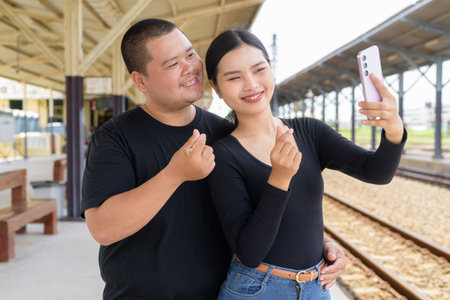 Young Asian couple in train station togetherの写真素材