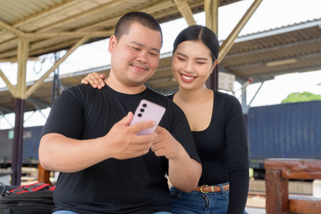 Young Asian couple in train station togetherの写真素材