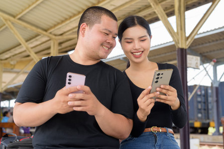 Young Asian couple in train station together