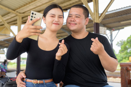 Young Asian couple in train station togetherの写真素材