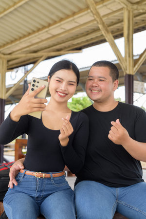 Young Asian couple in train station together