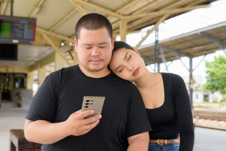 Young Asian couple in train station together