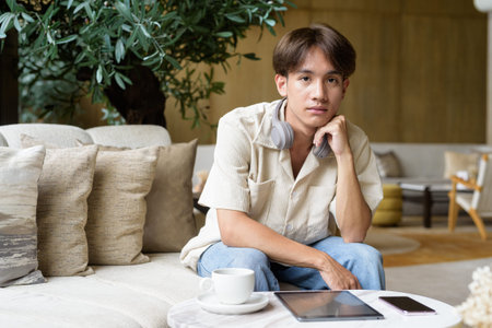 Non binary cute Asian student man sitting in modern coffee shop