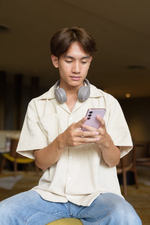 Non binary cute Asian student man sitting in modern coffee shop