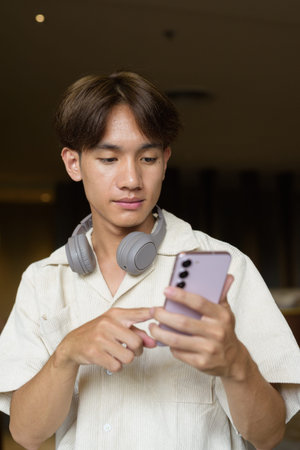 Non binary cute Asian student man sitting in modern coffee shop